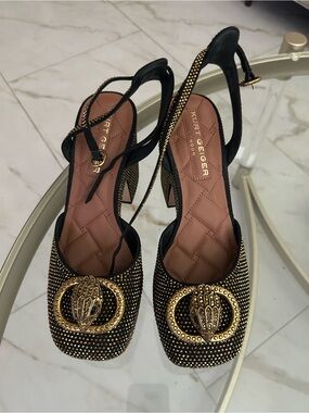Kurt Geiger Black and Gold Crystal-Embellished Slingback Heels